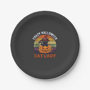 Verrückte Halloween-Katzen-Lady Schwarzer Kürbis-H Pappteller