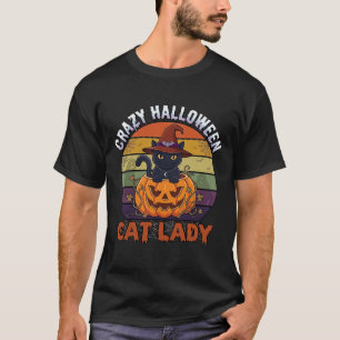 Verrückte Halloween-Katzen-Lady Schwarzer Kürbis-H T-Shirt