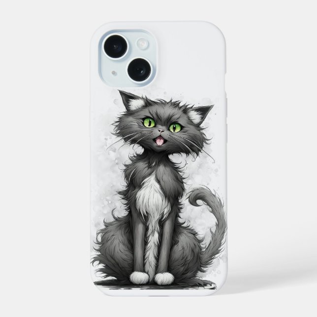 Verrückte Katze auf Weiß iPhone 15 Hülle (Rückseite)