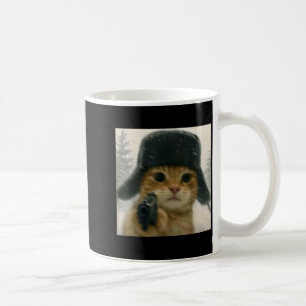 Verrückte Katze mit Ushanka-Mütze Russisches Meme- Kaffeetasse