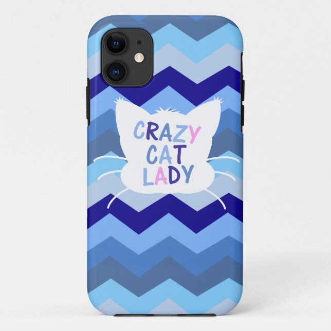 Verrückte Katzen-Dame - blaue Zickzack Wellen Case-Mate iPhone Hülle (Rückseite)