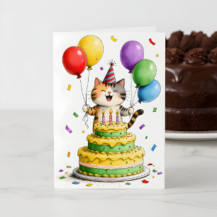 Verrückte Katzen-Partyhut-Torte-Ballons-Geburtstag Karte