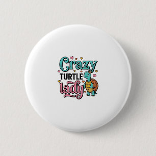 Verrückte Schildkröten-Dame Vintage-Stich-Design_1 Button