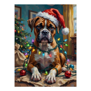 Verrückter Boxer-Hund, der in Weihnachtslichtern v Poster