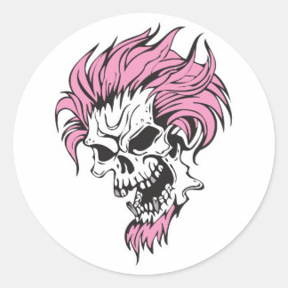 verrückter rosa Haarschädel Runder Aufkleber