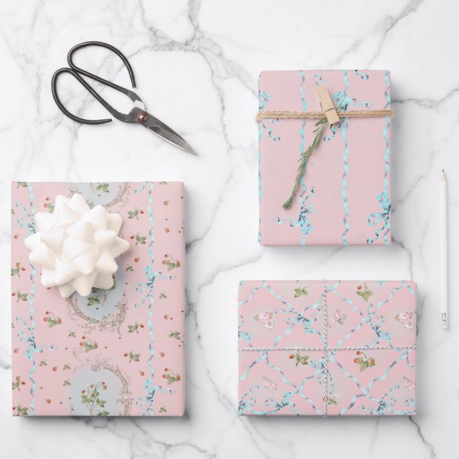 Versailles Strawberrys & Ribbons Pink Geschenkpapier Set (Vorderseite)