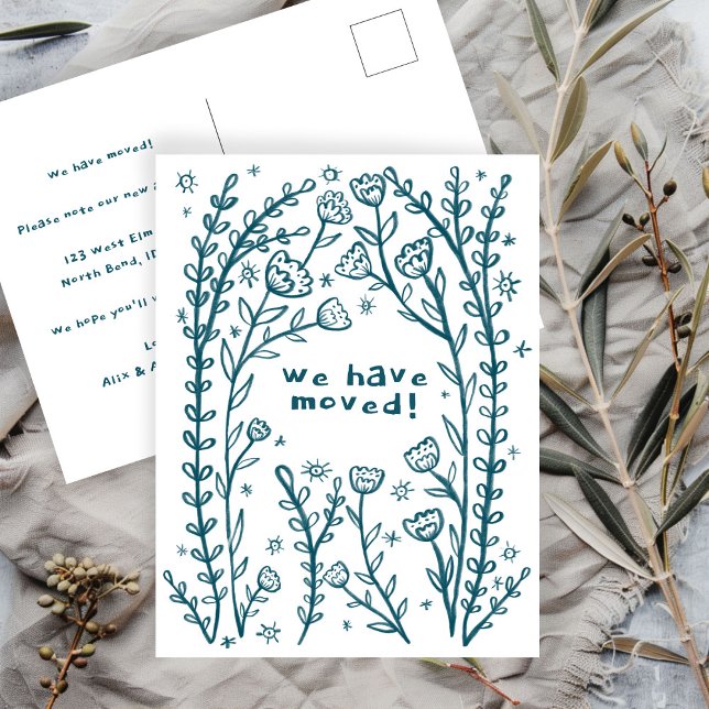Verschieben der Ankündigung Blumenrahmen Sketch Do Postkarte (Moving Announcement Floral Frame Sketch Doodle Postcard
Whimsical Custom Change of Address)