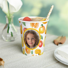 Verschiedene Früchte Thema Foto und Name Papier Pappbecher