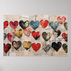 Verschiedene Herzen mit Collage Papier Texturen Poster