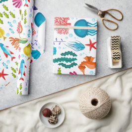 Verschiedene Meereslebewesen und Tiere, farbige Ab Geschenkpapier