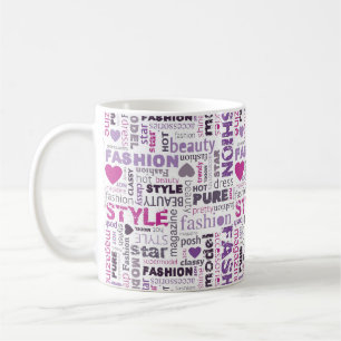Verschiedene Mode- und Stilwörter in einer Collage Kaffeetasse