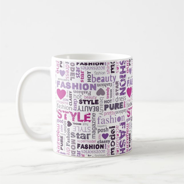 Verschiedene Mode- und Stilwörter in einer Collage Kaffeetasse (Links)