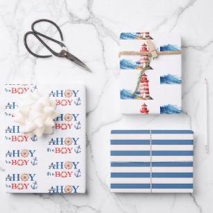 Verschiedene nautische Ahoy-Junge-Leuchtturm-Baby- Geschenkpapier Set