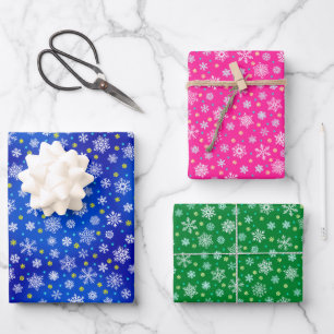 Verschiedene Schneeflocken formt blau pinkfarben, Geschenkpapier Set