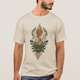 Verschlungene goldene Flamme Botanisches Wappen T- T-Shirt