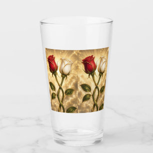 Verschlungene rote und weiße Rosen. Glas