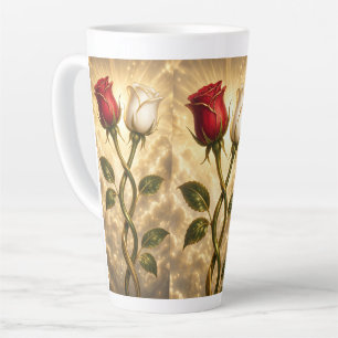 Verschlungene rote und weiße Rosen. Milchtasse