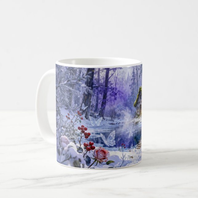 Verschneidertes, verzaubertes Waldhäuschen mit Brü Kaffeetasse (Vorderseite Links)