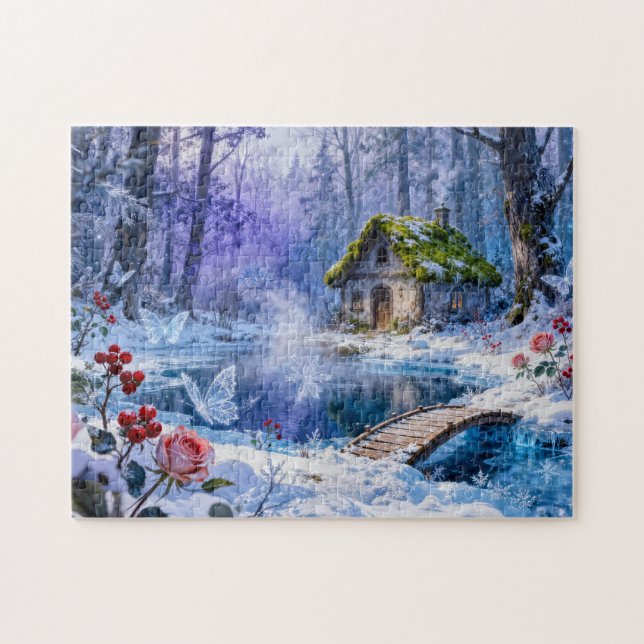 Verschneidtes verzaubertes Waldhäuschen mit Brücke Puzzle (Horizontal)