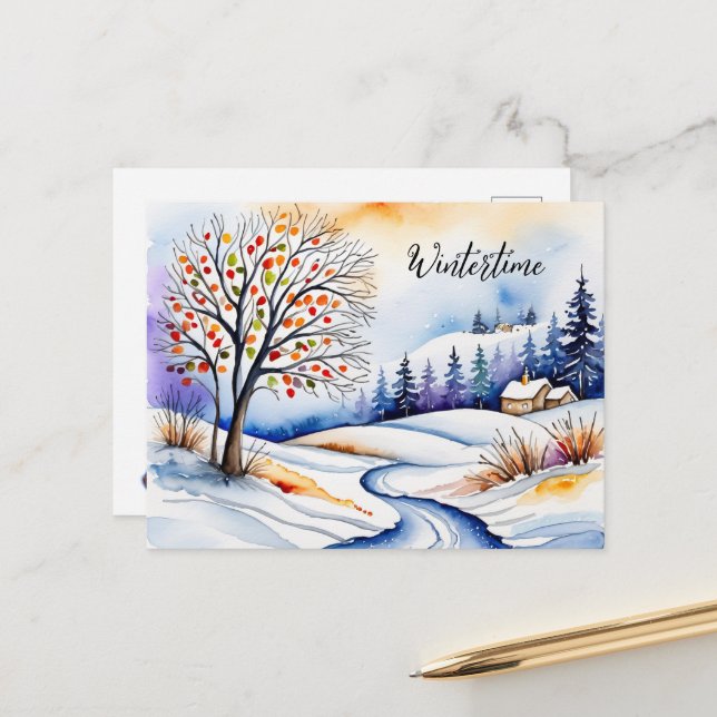 Verschneite Landschaft - Haus am Waldrand | Postkarte (Vorderseite/Rückseite Beispiel)