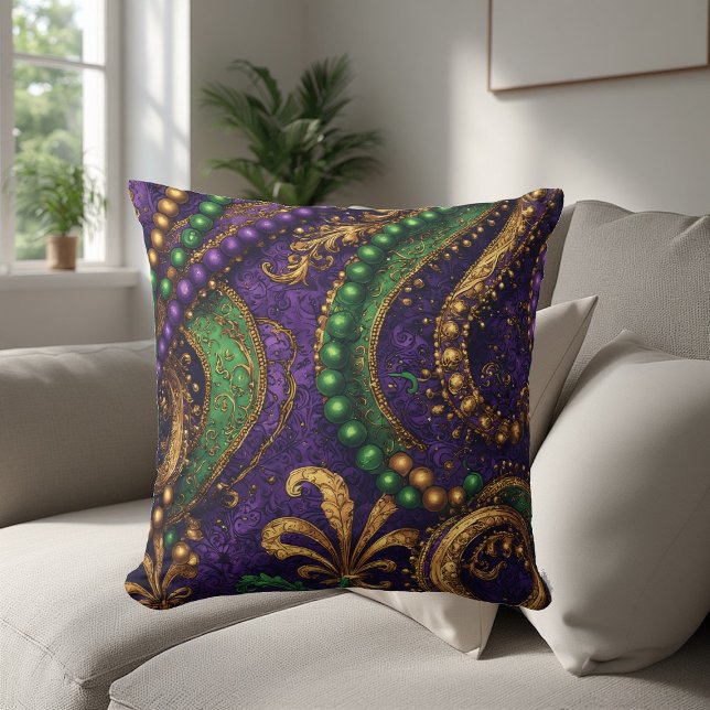 Verschönerte Masken, Goldperlen, Fleur-de-Lis  Kissen (Ornate Masquerade Masks, Gold Beads, Fleur-de-Lis Throw Pillow)