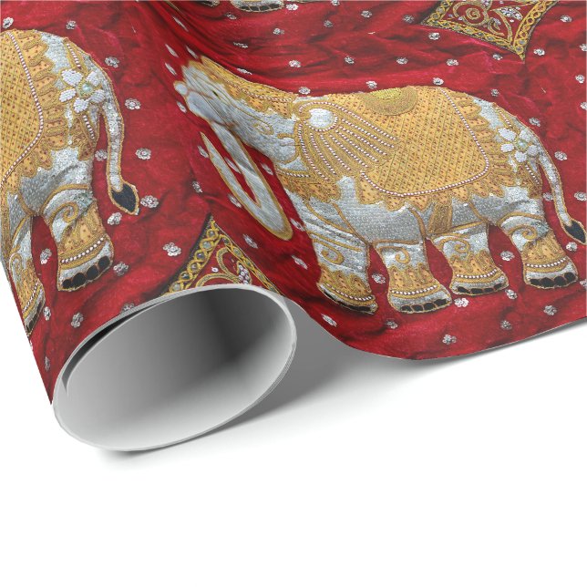 Verschönertes indischer Elefant-Rot und Gold Geschenkpapier (Rolleneckpunkt)