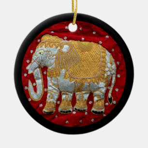 Verschönertes indischer Elefant-Rot und Gold Keramikornament