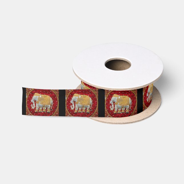 Verschönertes indischer Elefant-Rot und Gold Satinband (Spule)