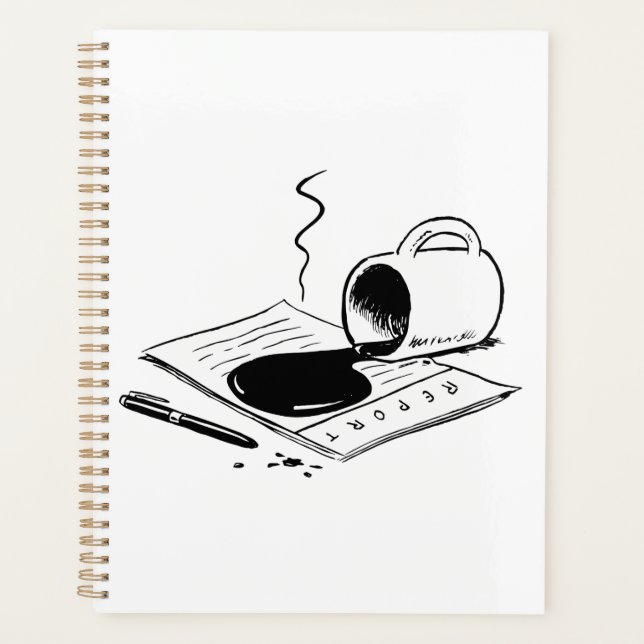 Verschütteter Kaffee auf Bericht Lustiger Bürounfa Planer (Vorderseite)