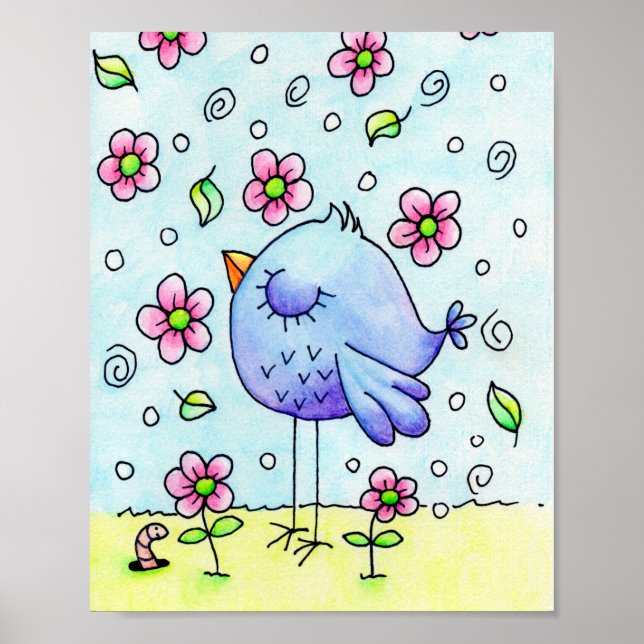 Verschwenderischer blauer Vogel und Blumen Poster (Vorne)