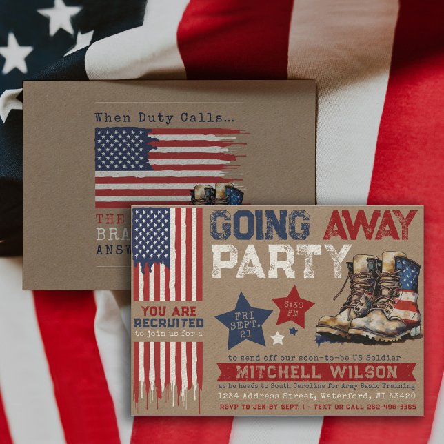 Verschwinden von Party I Militärische Abschiedsfah Einladung (Military Soldier Army Going Away Party Invitation, Patriotic Farewell, USA Flag, Rustic, star, boots)