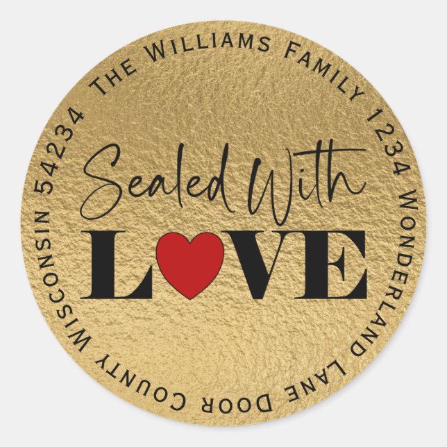 Versiegelt mit Liebe Gold Foil Circle Rücksendeadr Runder Aufkleber (Vorderseite)