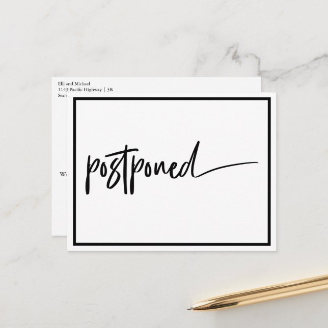 Verspätete Hochzeit Schwarz-weiß modern Ankündigungspostkarte (Vorderseite/Rückseite Beispiel)
