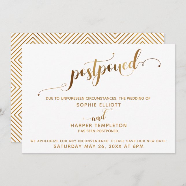 Verspätete Hochzeitdetails Goldherzen-Kalligrafie Einladung (Vorne/Hinten)