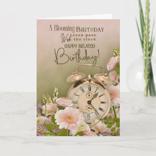 Verspäteter Geburtstagsblumen-Gruß Vintage-Uhr Karte
