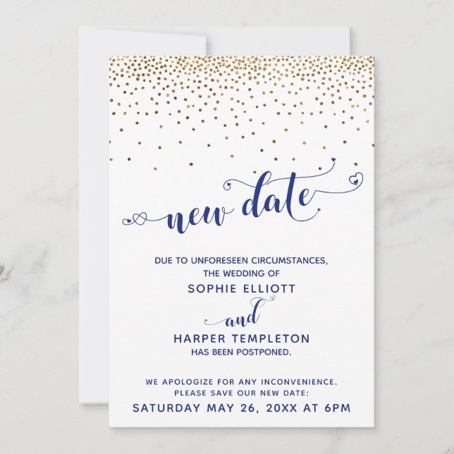 Verspätetes HochzeitGold Confetti Navy neues Datum Einladung (Vorderseite)