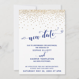Verspätetes HochzeitGold Confetti Navy neues Datum Einladung