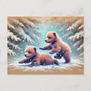 Verspielte Bärenjunge im Schnee Pastellkreidezeich Postkarte