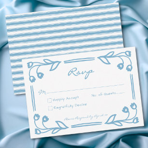 Verspielte blaue handgezeichnete florale Streifen- RSVP Karte