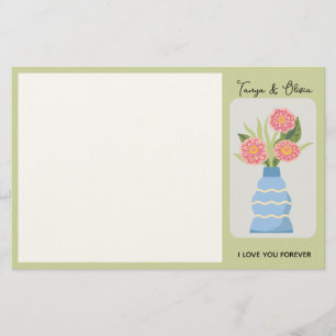 Verspielte blaue Vase mit Illustration rosa Blumen Briefpapier