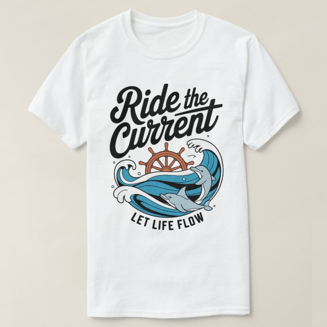 Verspielte Delphine Surfen Ozeanwelle & Schiffrad T-Shirt (Design vorne)