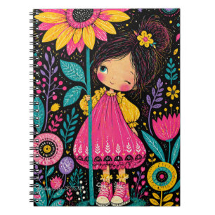 Verspielte Florale Mädchen-Illustration Farbige Fo Notizblock