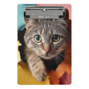 Verspielte getigerte Katze, die durch zerissenes P Mini Klemmbrett