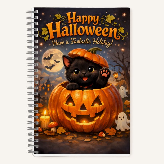 Verspielte glückliche Halloween-Spiralnotiz Notizbuch (Vorderseite)