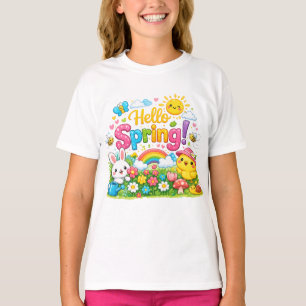 Verspielte "Hallo Frühling"-Illustration mit Häsch T-Shirt