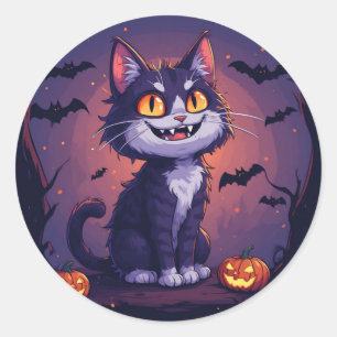 Verspielte Halloween-Katze mit Kürbissen und Flede Runder Aufkleber