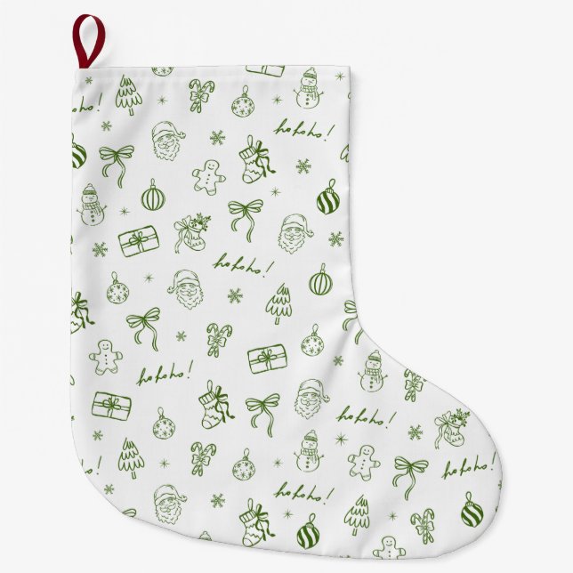 Verspielte handgezeichnete Doodle-Grüntöne Großer Weihnachtsstrumpf (Vorderseite)