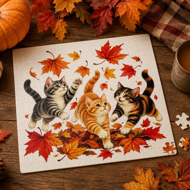 Verspielte Kätzchen jagen Herbstlaub Puzzle (Von Creator hochgeladen)