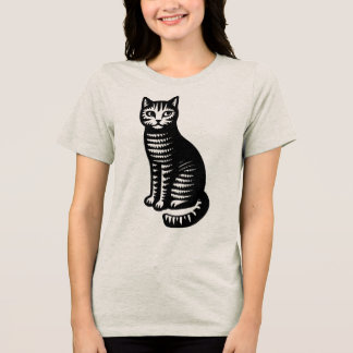 Verspielte Katze im Holzschnitt-Stil Tri-Blend Shirt