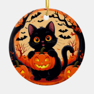 🌕🎃 Verspielte Katze & Kürbis Mondlicht Halloween Keramik Ornament